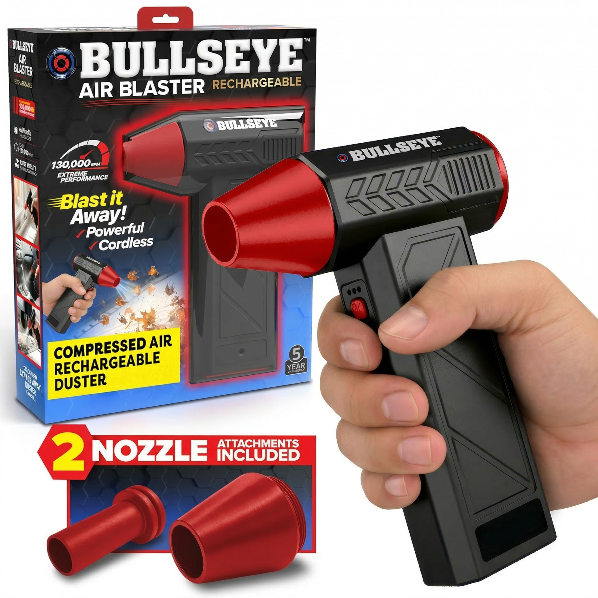 BULLSEYE Blaster 130000 RPM Electric Air Duster, Rechargeable Cordless Compressed Air Blower for Computer Cleaning, Keyboard, Electronics, Car Detailing, 3 Speed Turbo, 2 Nozzles - As Seen on TV